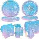 126 Pcs Frozen Birthday Party Supplies Disposable Winter Snowflake Paper Plates Napkins Cups Forks Tablecloth for Christmas Winter Wonderland Frozen Birthday Party Decorations Serves 25