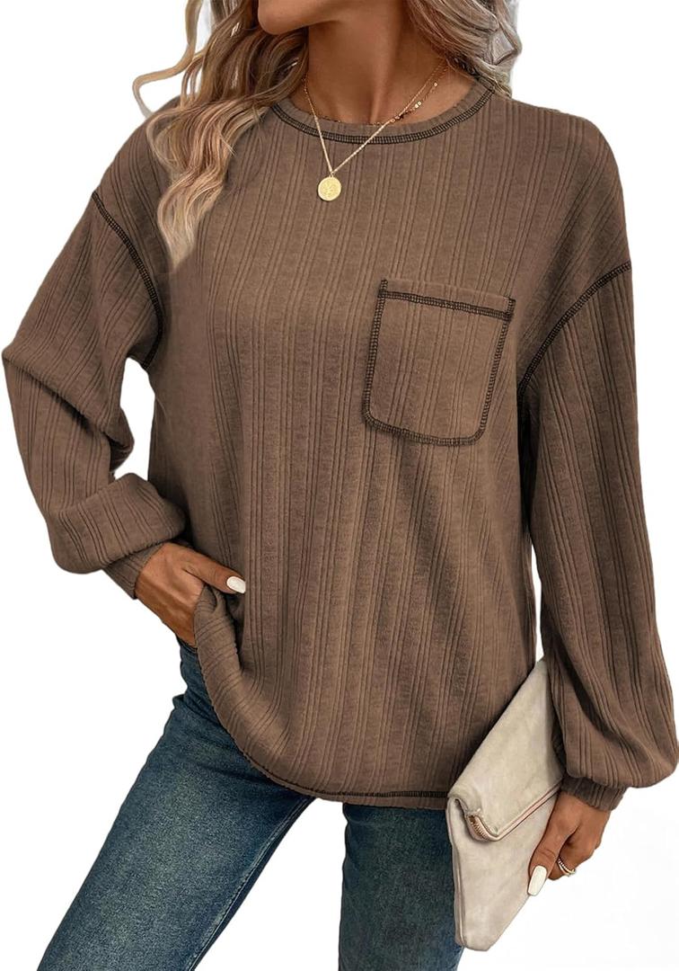 Dokotoo Long Sleeve Shirts for Women 2025 Casual Solid Crewneck Knitted Loose Fit Pullover Shirts Tops (Brown, S)