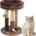 22 Inch Heavy-Duty Cat Scratching Post with Cozy Plush Bed, 3 Sisal Scratching Posts, Interactive Cat Scratcher with Grooming Brush, Hanging Pom-Pom, Track Balls & Mouse Toy for Indoor Cats