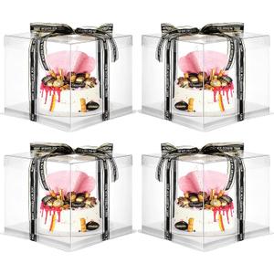 Jetec 4 Pcs Clear Cake Box with Ribbon 10 x 10 x 9 Inch Transparent Tall Cake Carrier Box with Lids Pet Clear Gift Pack for 8 Inch Carry Wedding Birthday Anniversary Baking Dessert Display