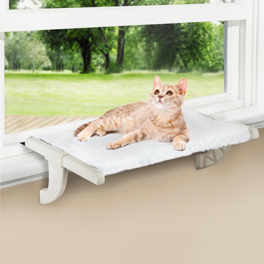 Zoratoo Cat Window Sill Perch with Large Bolster, Easy to Adjust & Assemble Cat Window Seat for Windowsill & Bedside, Pet Hammock Bed for Large Cats and Kittens (White, L)