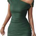 Acelitt Summer Off the Shoulder Dresses for Women 2026 Short Sleeve Ruched Bodycon Cocktail Party Knit Mini Dress, M