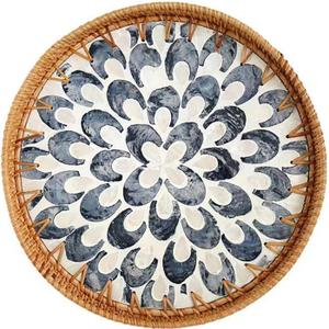 Round Mother of Pearl Serving Tray - Rattan Woven Tray for Bread, Food, Fruits - Mid-Century Modern Decor - Brown (Black Feather)
