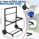 2 Tier Black Recycling Bin Cart with Wheel Metal Recycling Cart for 18 Gal Bins Metal Carts 15.7x29x41in with 8" Rubber Wheel Heavy Duty Portable Truck Without Bin for Garbage Warehouse