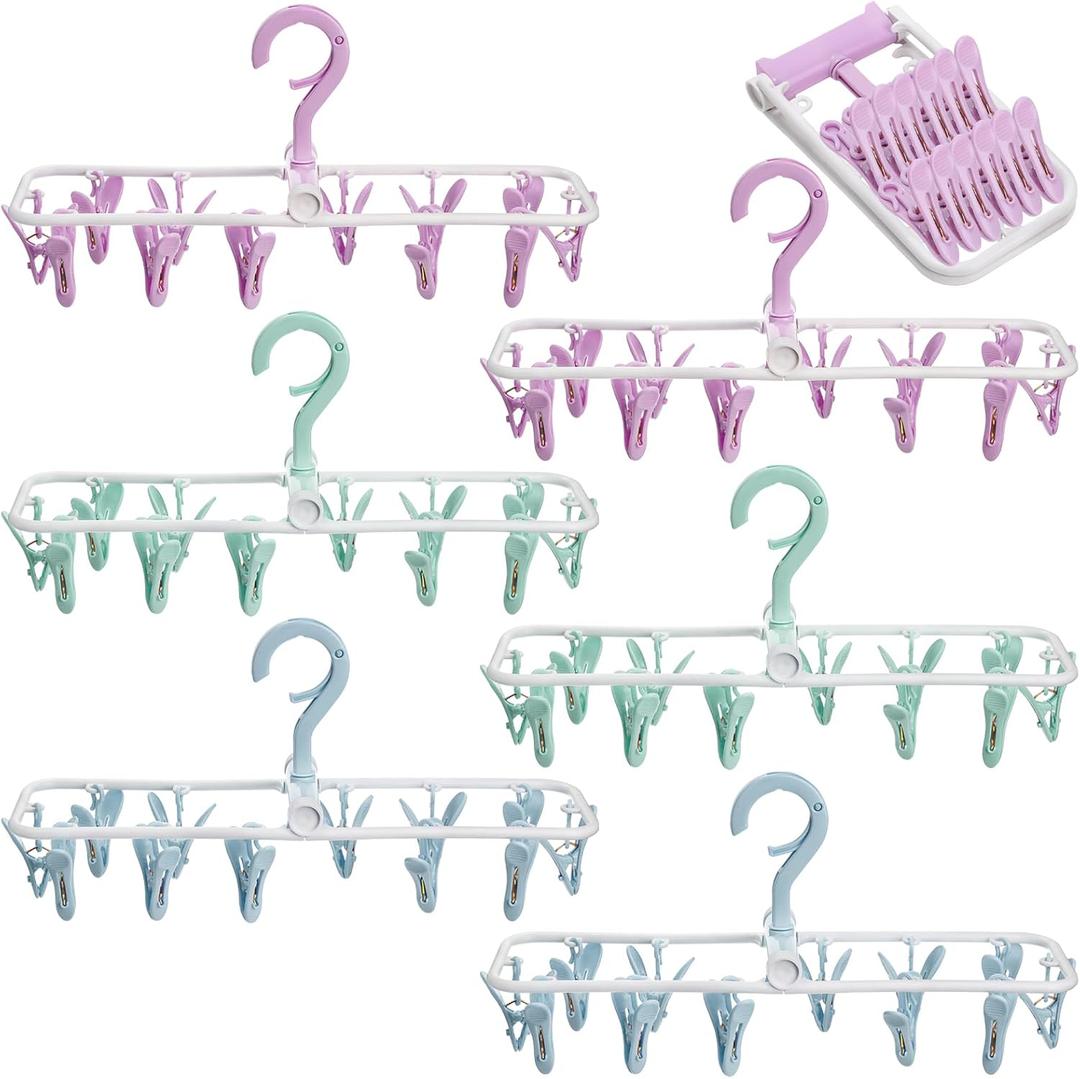 6 Pack Clothes Drying Rack, Small Folding Portable Underwear Hangers with 12 Clips, Plastic Laundry Clip and Drip Drying Hanger with 360° Rotatable Hook for Socks Towels Bras Clothes Gloves