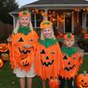 SHIRIA 3PCS Halloween Pumpkin Costume for Women Glow in the Dark Pumpkin Poncho Headband Candy Bag (One Size)