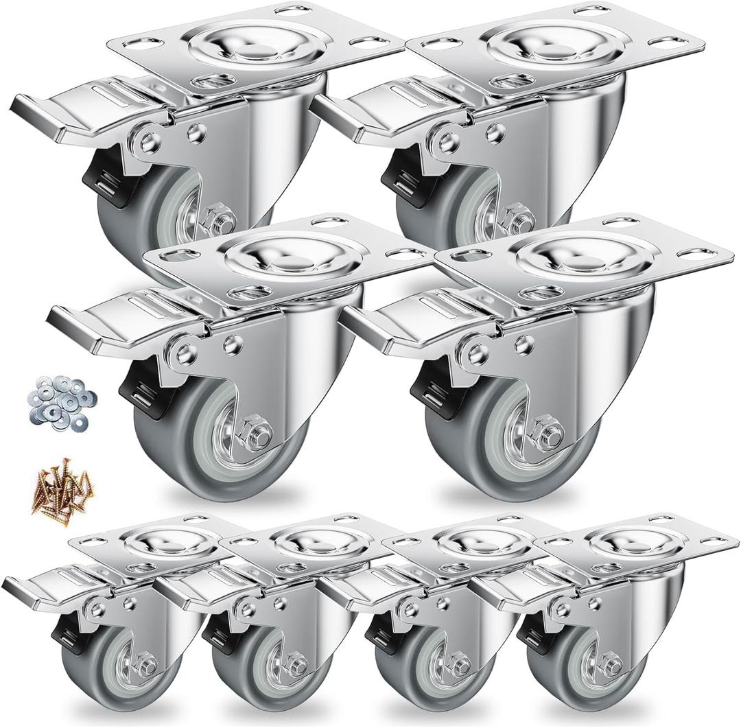 2 inch Caster Wheels, Casters Set of 8 Heavy Duty - CLOATFET Locking Casters, Swivel Caster Wheels with Brake (Top Plate), Non Marking Grey TPR Rubber Castor Wheels for Cart Furniture Workbench