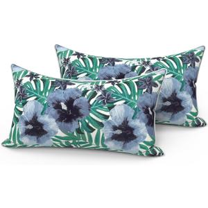 LVTXIII Set of 2 Outdoor Lumbar Pillows for Patio Furniture with White Piping, 12"x20" Fade Resistant Patio Lumbar Pillows with Inserts for Home Coach Sofa Use, Blue Salmone Tropical