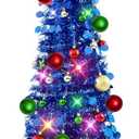 N&T NIETING Pop Up Christmas Tree with Lights, Collapsible Tinsel Xmas Tree Decorations, Pencil Christmas Tree Skinny Tree for Holiday Xmas Home Office Decor, 30 Balls, 5Ft, Royal Blue