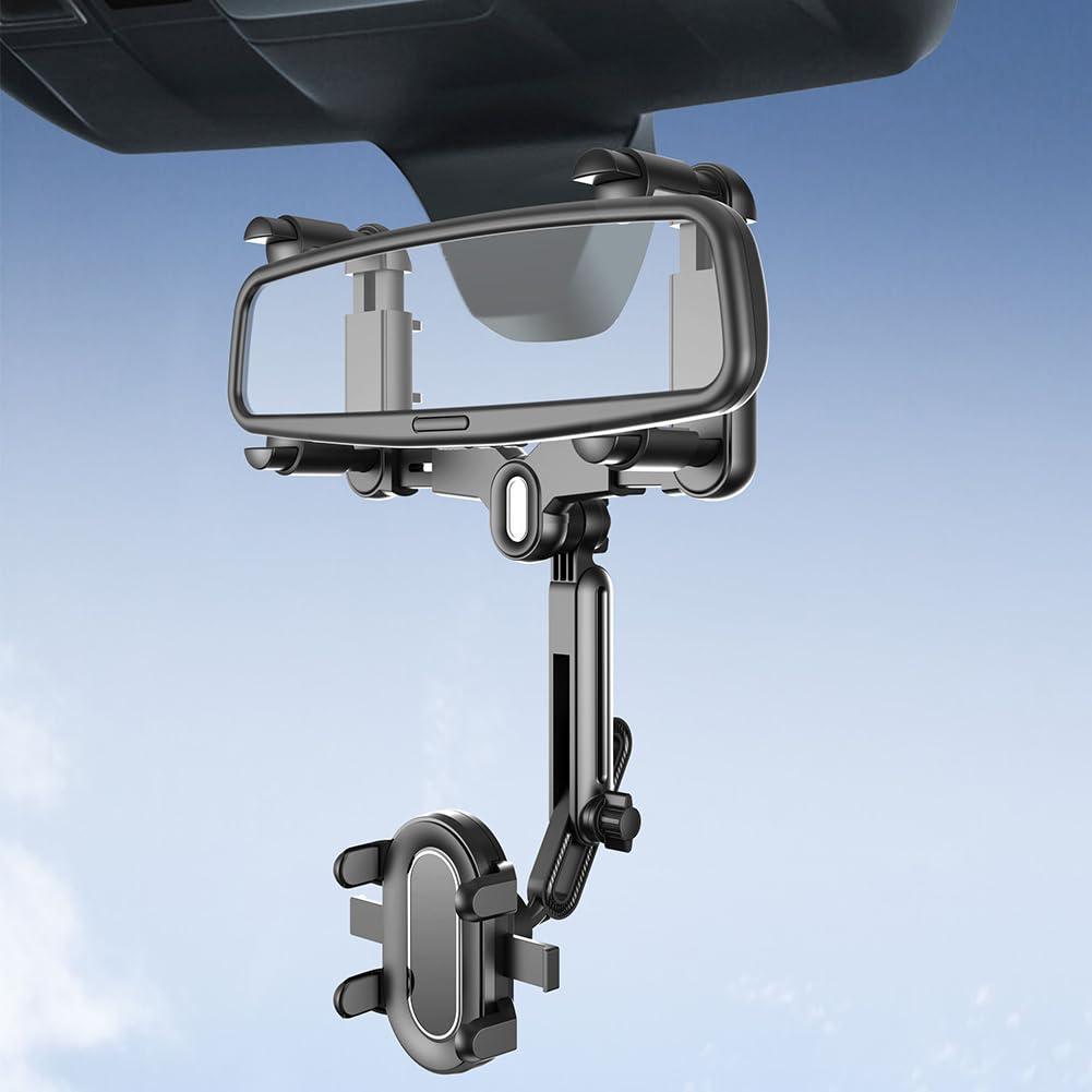 New Large Rearview Mirror Phone Holder for Car 360°Rotatable and Retractable, Upgraded Four Corners Fixed Anti-Shake Multifunctional Design for All Phones and All Car Rearview Mirror with Button