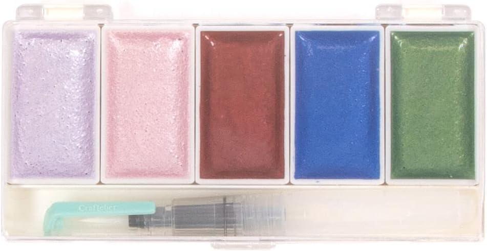 Craftelier - Set of 5 Vintage Metallic Coloured Watercolours + Brush with Water Tank | Ideal for Scrapbooking and Craft Projects | Palette Size 14 x 6,5 cm - Godet Size 4,5 x 2,5 cm