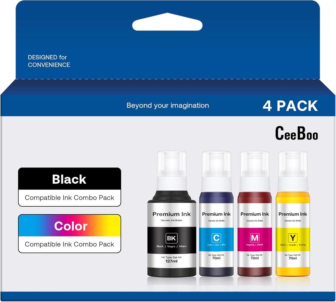 CEEBOO Compatible Ink Bottle Replacement for Epson 502 (Not Sublimation Ink) , Use for ET-2850 ET-3830 ET-3850 ET-2760 ET-3760 ET-15000 printer, Black, Cyan, Magenta, Yellow,(4 Bottles)