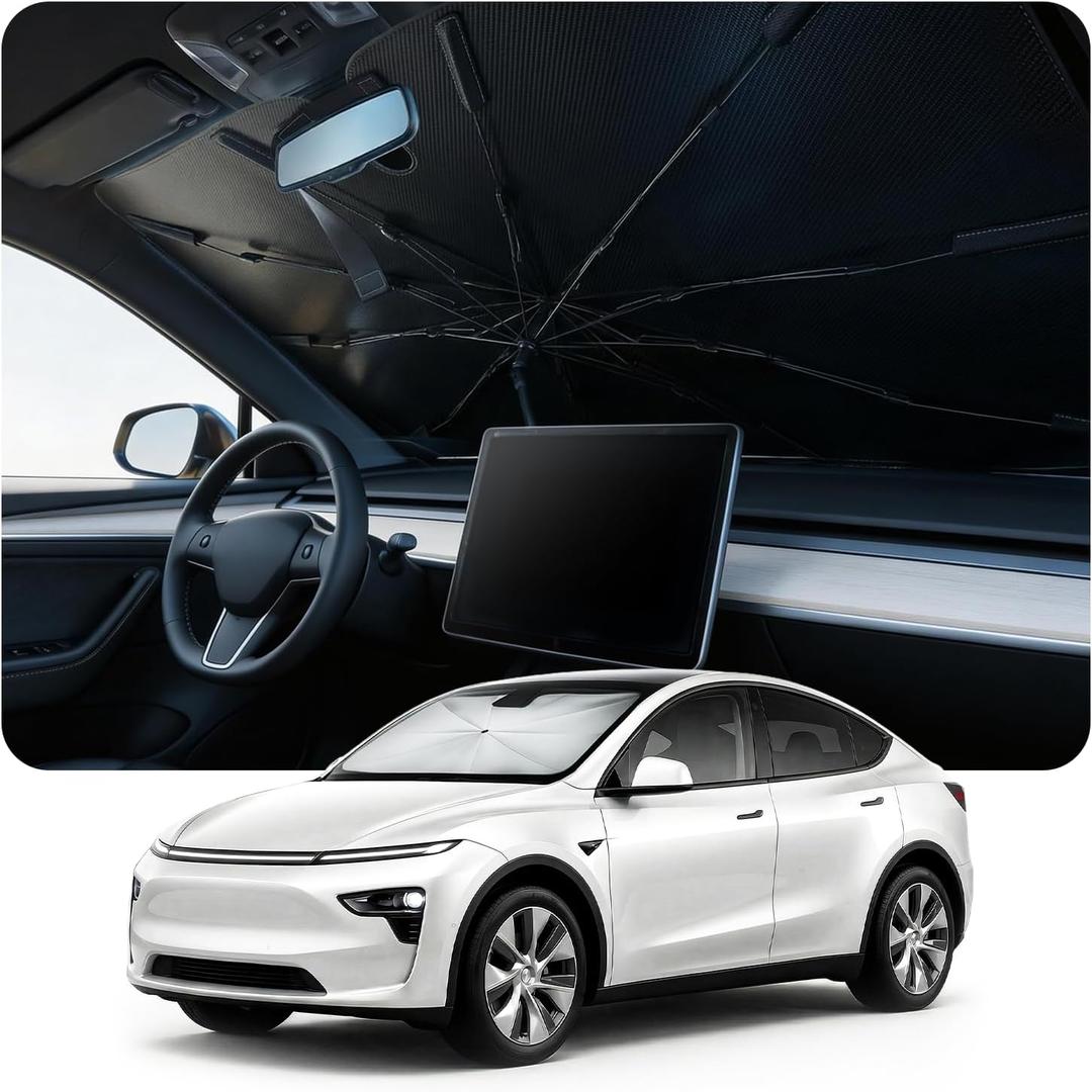 [2026 Upgraded] DooGooCoo Windshield Sun Shade Umbrella for Tesla Model 3 & Model Y [100% Sunlight Blocked, Cooling Ice Crystal] Sunshade for Car Windshield for Model 3 & Model Y Sunshade 2017-2026.