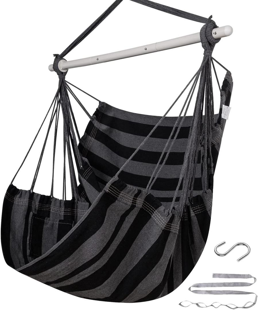 ADVOKAIR Hammock Chair Swing (500 lbs Max) - Hanging Hammock Chair Rope Swing Indoor for Bedroom, Outdoor, Patio, Bedroom, Porch, Deck - Sturdy Steel Bar with Anti-Slip Safety Rings (B Black and Grey)