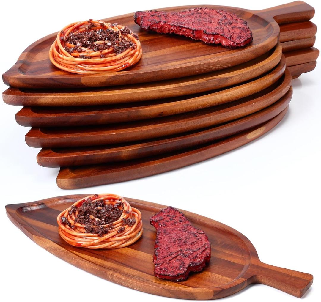 Rtteri 6 Pcs Acacia Wood Serving Trays 16" X 6.7" Novelty Leaf Shaped Wooden Dinner Plates for Snacks, Cookies, Fruits Cheese Display Food Dish Home Office