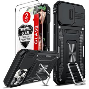 LeYi Compatible for iPhone 16 Pro Max Case: 16 Pro Max Phone Case with Screen Protector 2PCS Tempered Glass, Slide Camera Cover & Magnetic Kickstand Funda para 16 Pro Max, Black
