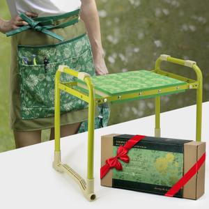 Colwelt Garden Stool and Kneeler Set, Garden Seat and Kneeler Heavy Duty with 10" Wide Soft Kneeling Pad, Non-Slip Garden Bench for Kneeling and Sitting with Elegant Apron, Gardening Gifts for Women, Green