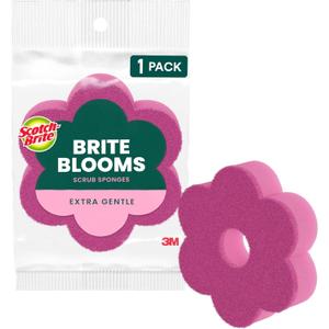 Scotch-Brite Brite Blooms Extra Gentle Scrub Sponge, Dishwasher-Safe Kitchen Sponge for Cleaning Delicate Surfaces, Pink Spring Flower Dish Sponges Made with 100% Recycled Fibers, 1 Count