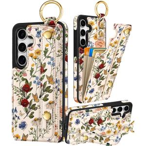 Petitian for Samsung Galaxy S25/S24 Case with Wallet - Women Girls Cute Girly Aesthetic Unique Design with Leather Credit Card Holder Cardholder Stand Wristband, Vin Flower
