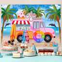 Truck Shop Ice Cream Backdrop Ocean Seaside Summer Backdrop for Birthday Party Pink Car Palm Leaf Ice Cream Banner Aloha Theme Birthday Photography Background Decorations 7x5Ft (S2)