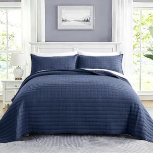 Navy Blue Quilt Queen Size Bedspread Lightweight Coverlet Queen Quilt Sets with Shams Bed Spread Queen Sized Cross-Stitch Quilted Bedspread for All Seasons, 89"x96"
