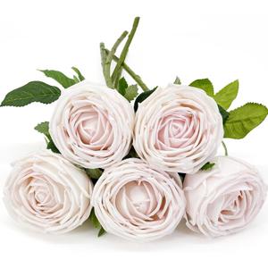 5Pcs Light Pink Real Touch Artificial Silk Flowers with Stems - Lifelike Latex Austin Rose Peony for Wedding Bouquets, Home Decor, DIY Floral Arrangements