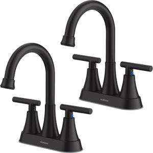 Bathroom Faucets for Sink 3 Hole, Hurran 4 inch Matte Black Bathroom Sink Faucet with Pop-up Drain and 2 Supply Hoses, Stainless Steel Lead-Free Centerset Faucet for Vanity RV, 2 Pack