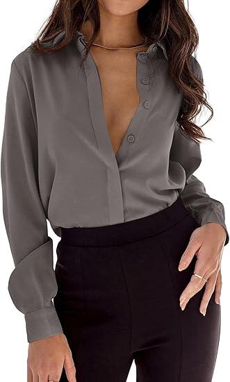 Pretifeel Womens Button Down Shirt Long Sleeve Business Blouse Collared Office Chiffon Dress Shirts (Gray, XL)