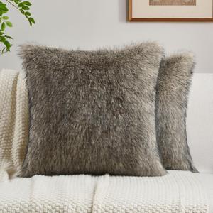 FUTEI Pack of 2 Faux Raccoon Fur Plush Throw Pillow Covers 18x18 Inch Soft Fluffy Farmhouse Decorative Cushion Case Modern Luxury Accent for Couch Bed Living Room, Gray Green