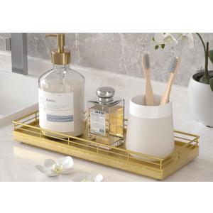 Bathroom Tray for Counter, Oak Wooden 11.2" L Decorative Vanity Tray for Dresser Tops, Kitchen Countertop Organizer, Gold Brushing (11" x 4.3" x 1.5")