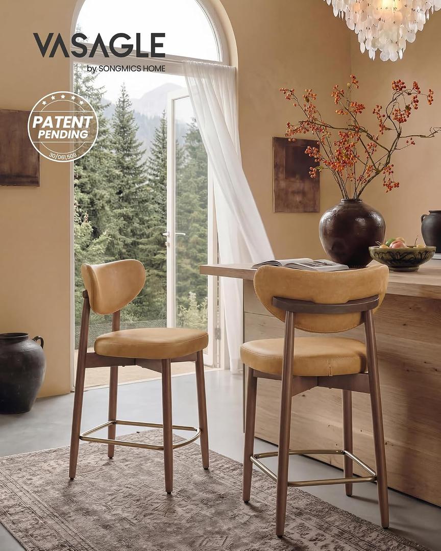 VASAGLE Wooden Bar Stools Set of 2, Upholstered Counter Height Barstools with Solid Wood Legs, Ergonomic Backrest, Mid Century Modern, for Kitchen Island, Synthetic Leather, Caramel Brown