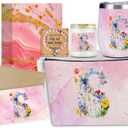 Personalized Gifts Monogrammed Birthday Gifts for Women, New Mom, Grandma Valentine's Day Thank You Christmas, Initial Wine Tumbler Makeup Bag Scented Candle Bracelet Set, (Aesthetic Pink Flower S)