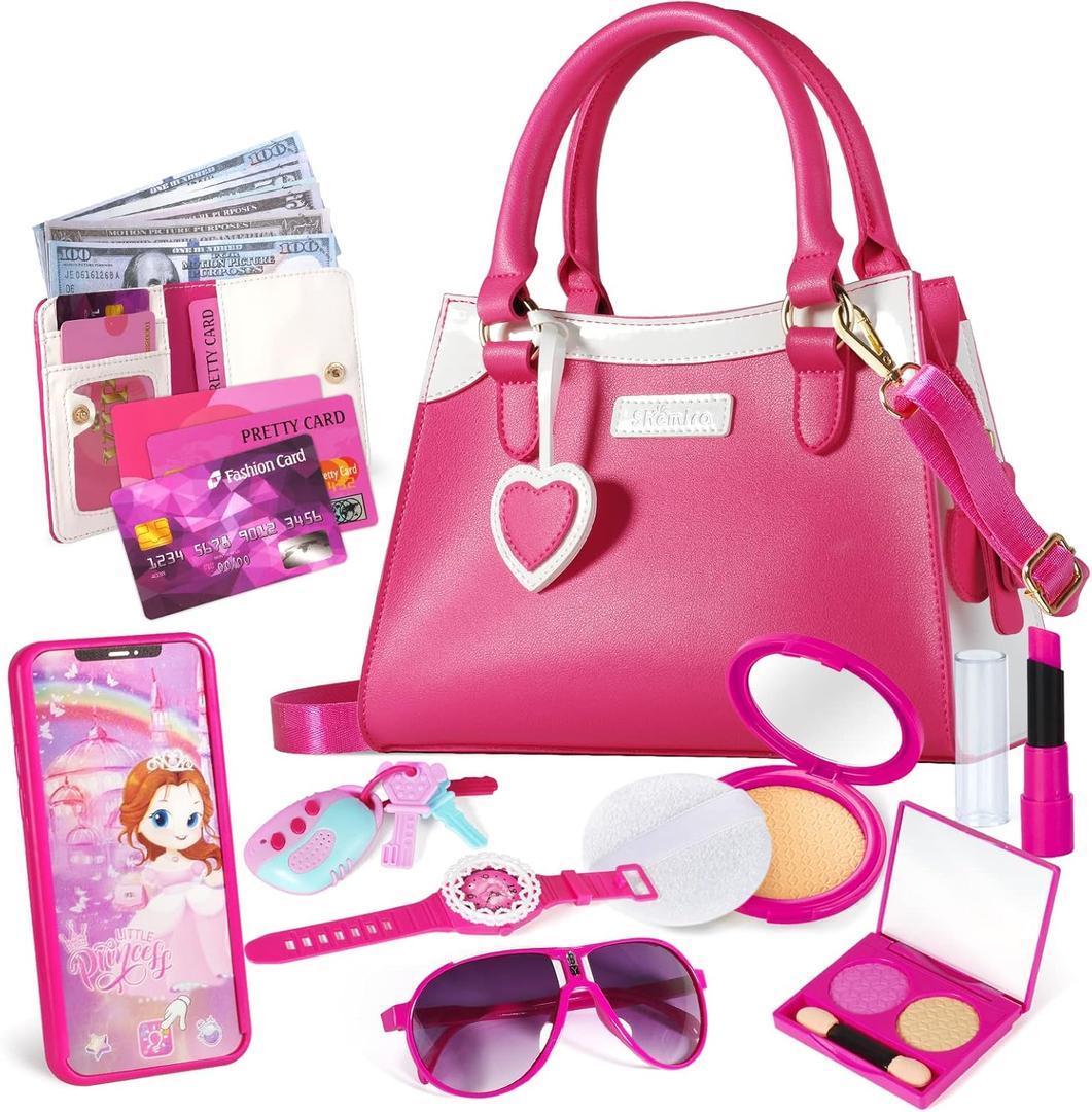 Shemira Play Purse for Little Girls, Princess Pretend Toys for Girls 3 4 5 6 7 8 Years Old, Christmas & Birthday Gift for Kids Age 3-5 4-6 6-8, Toddler Purse with Accessories, Kids Toy Purse,Pink