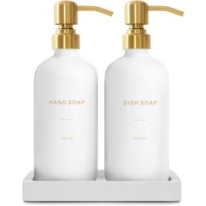 Gold Soap Dispenser Set, Glass Soap Dispenser with Stainless Steel Pump, Perfect for Modern Kitchen Counter Decor. (Gold)