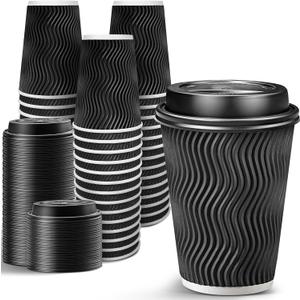 Ginkgo 100 Pack 12 oz Disposable Coffee Cups with Lids, To-Go Paper Coffee Cups for Hot Beverage, Chocolate and Cocoa, Coffee Bar Accessories - Black