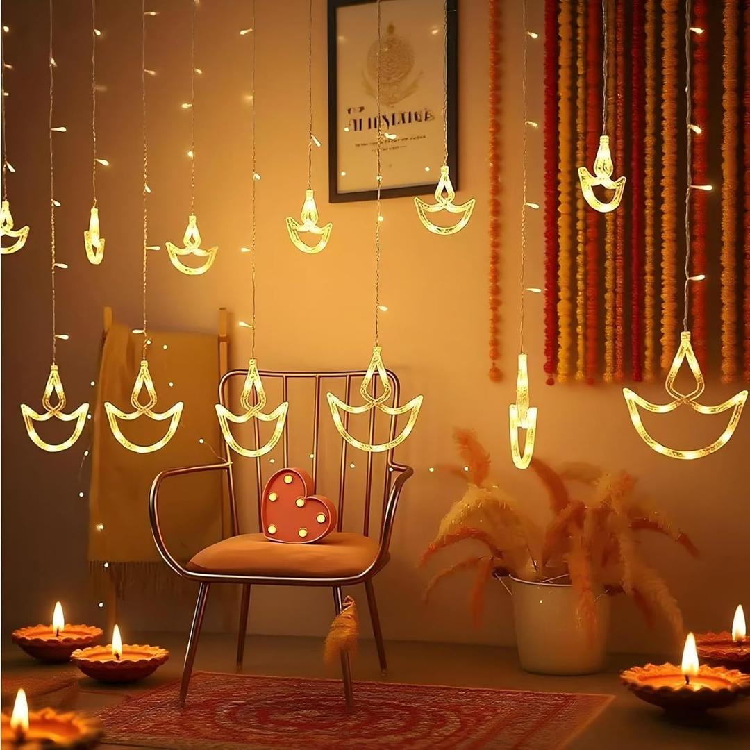 Diwali Diya Curtain Lights, 12 Hanging LED Diyas with Warm White Glow, Plug in String Lights with 8 Modes, Happy Diwali Festival Decoration for Indoor Outdoor Window Wall Home Party