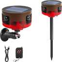 Solar Outdoor Motion Sensor Alarm-Dog Barking or Gunshot Sound, 130dB Noise, 13 Sounds & 360 Motion Detector Alarm Support Recording, with Remote Controller for Home, Villa,Yard,Chicken coop (Red + Brown)