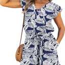 VERABENDI Womens Tropical Romper Vacation Outfit V Neck Flutter Sleeve Tie Waist Beach Romper for Cruise, Resort & Island (Blue, M)
