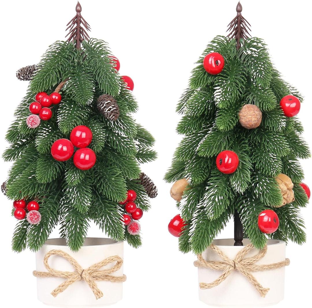 2PCS Small Christmas Tree, Artificial Red Berry Pinecone Mini Tabletop Christmas Tree Decorations, for Wedding Holiday Indoor Xmas Party Decor.