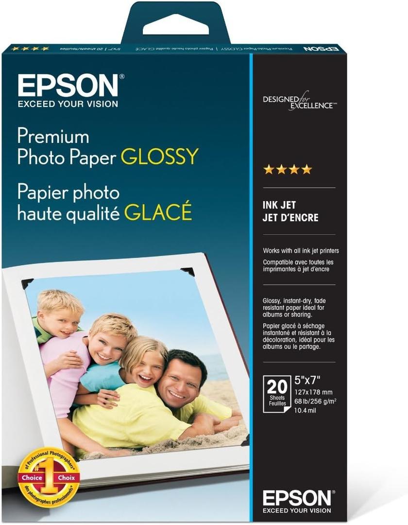 Epson S041464 Premium Photo Paper, 68 lbs., High-Gloss, 5 x 7 (Pack of 20 Sheets)