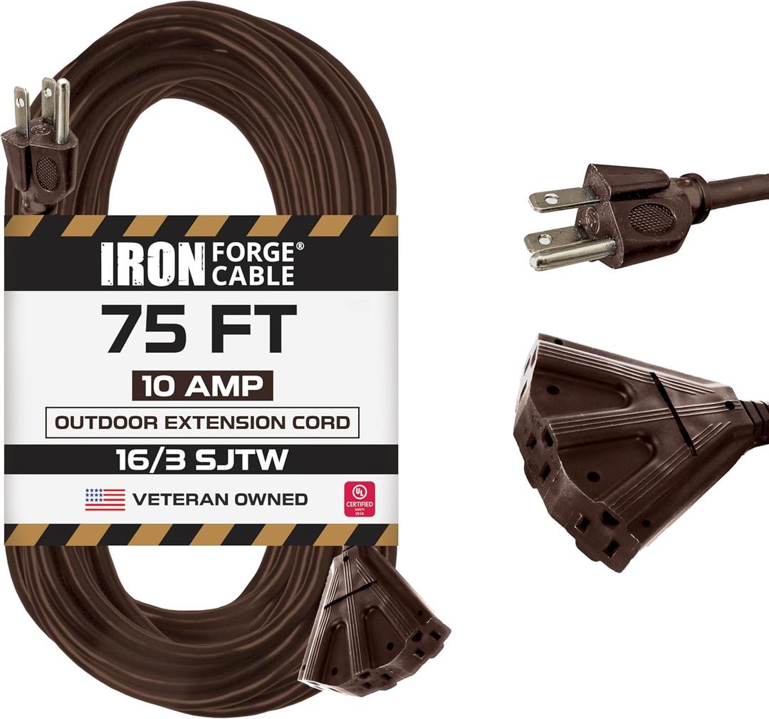 Iron Forge Cable 75ft Brown Outdoor Extension Cord with 3 Outlets - 16/3 SJTW 75ft Extension Cord 3 Prong, 10 Amp All-Weather Heavy Duty Power Cable