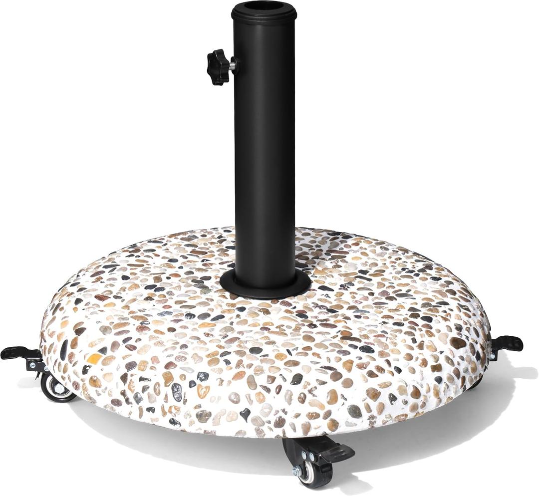 45lbs Patio Umbrella Base with 4 Wheels, Round Cobblestone Concrete Stand, Heavy Duty Market Umbrella Stand for Outdoor