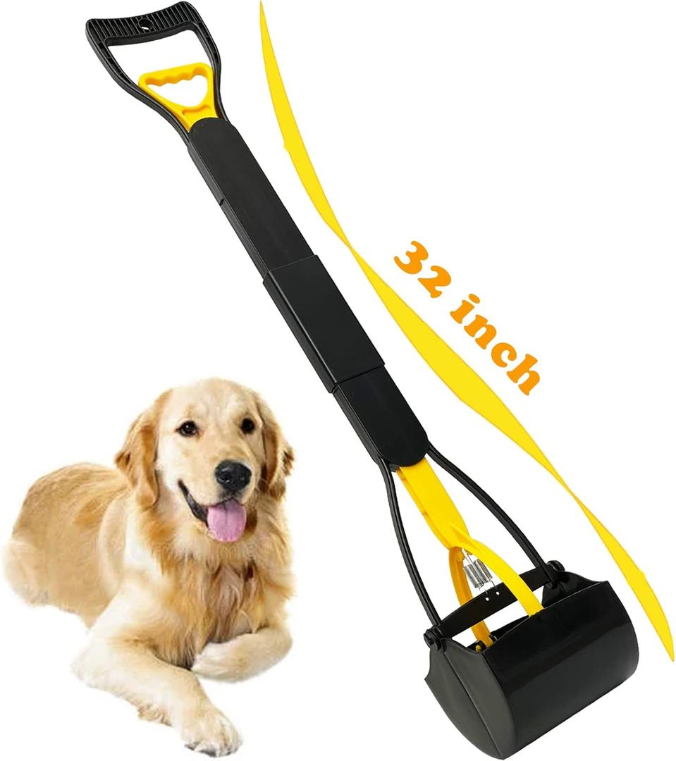ienjoyed 32“ Tall Pooper Scooper, Large Pooper Scooper for Dogs Heavy Duty, Dog Pooper Scooper with Long Handle & High Strength Durable Spring, Foldable Dog Poop Pick Up (Pack of 2)