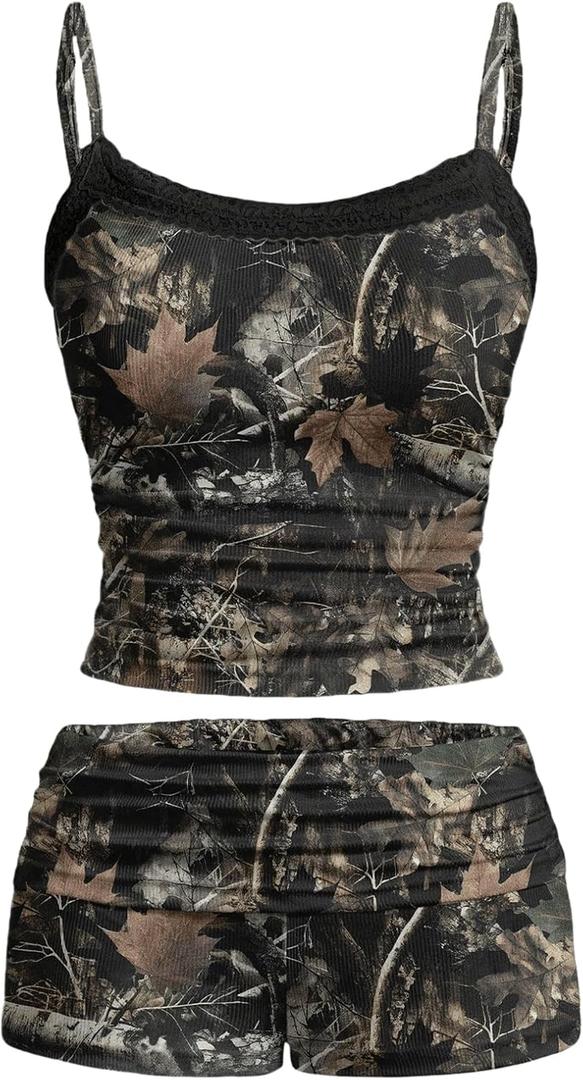 Verdusa Women's 2 Piece Summer Outfits Contrast Lace Graphic Crop Tops and Mini Shorts Clothing Set (Medium, Black)