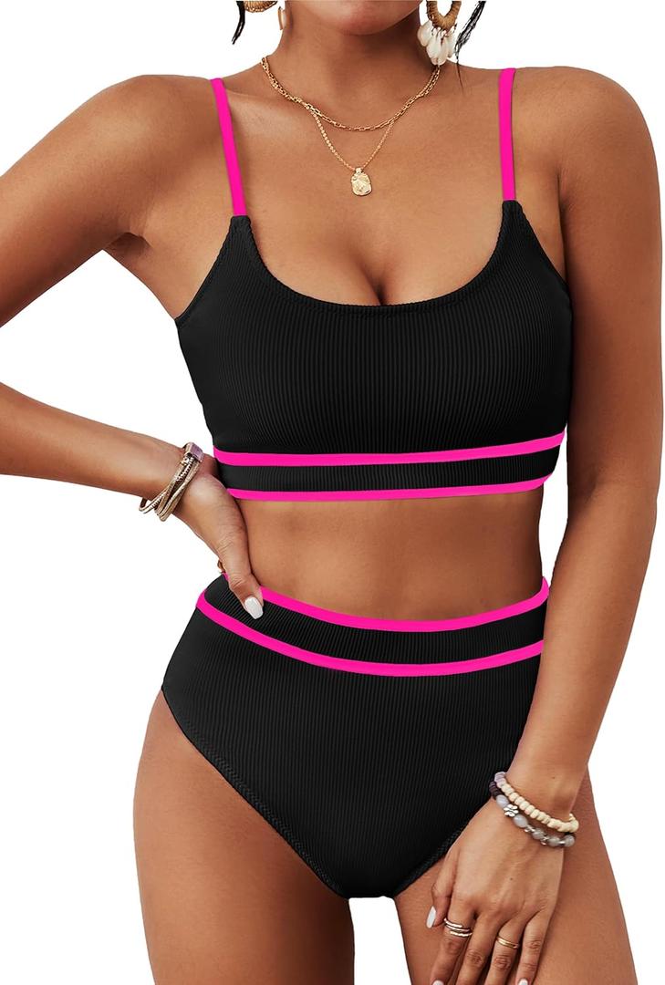 BMJL Women's High Waisted Bikini Ribbed Two Piece Swimsuit High Cut Color Block Adjustable Straps Bathing Suit (Large, Black&pink043)