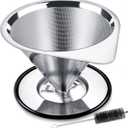 LHS Pour Over Coffee Dripper Stainless Steel Coffee Filter Metal Cone Filter Paperless Reusable Coffee Filter Single Cup Coffee Maker 1-2 Cup With Non-slip Cup Stand and Cleaning Brush