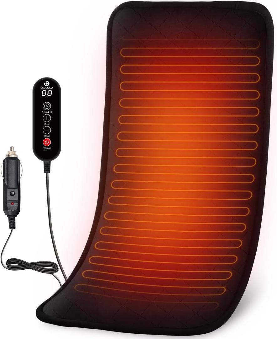Coococo 12V/24V Car Heated Blanket for Back Pain Relief, CooCoCo 12" x 24" Car Electric Blanket with 5 Heat Setting, Auto-Off, FSA HSA Eligible Heated Blanket for Travel, Ideal Gifts for Women Men Mom Dad (Black)