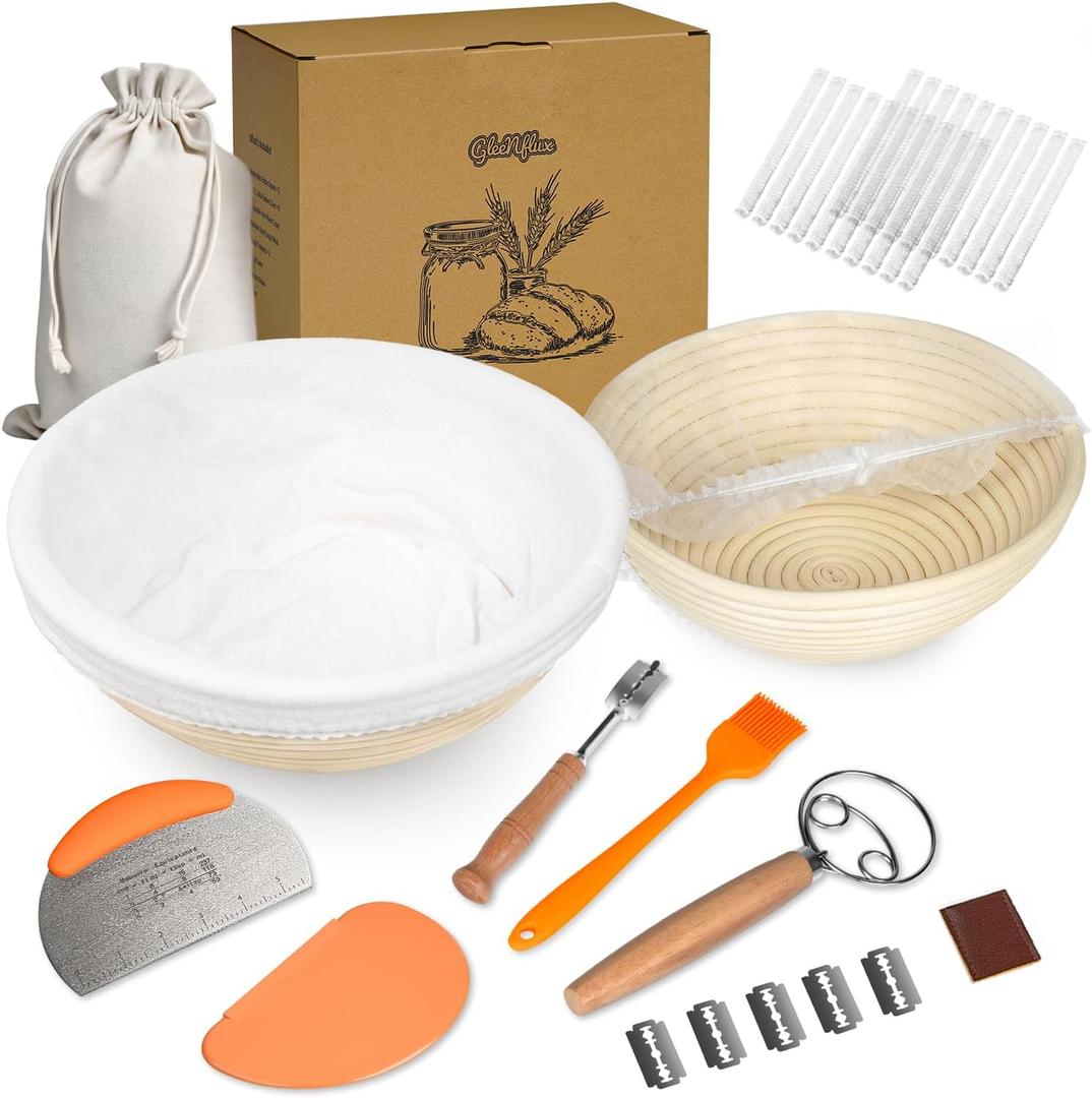 Sourdough Bread Baking Kit with 2 Pack 9" Round Banneton Proofing Baskets, Bread Baking Supplies with Cotton Liner, 430 Scraper, 304 Lame, Dough Whisk, Sourdough Starter Kit Gift