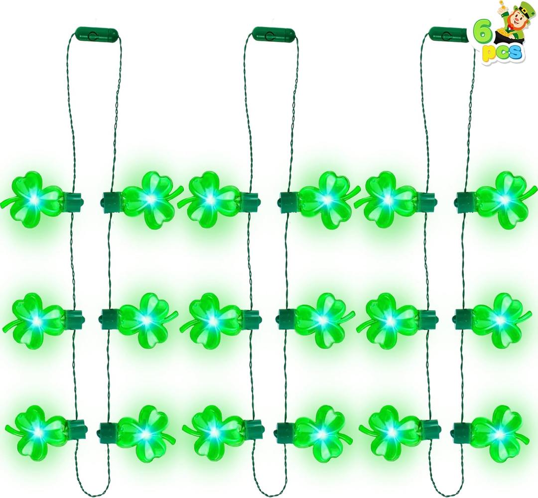 JOYIN 6 Pcs LED Shamrock Necklace Set, Light Up Green Lucky Clover Irish Shamrock Necklaces for St. Patrick's Day Party Favors Decorations Supplies