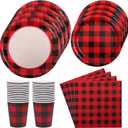 Aneco 122 Pieces Red and Black Buffalo Plaid Party Supplies Disposable Party Tableware Set 7 and 9 Inches Paper Plates Cups Napkins for 24 Guests
